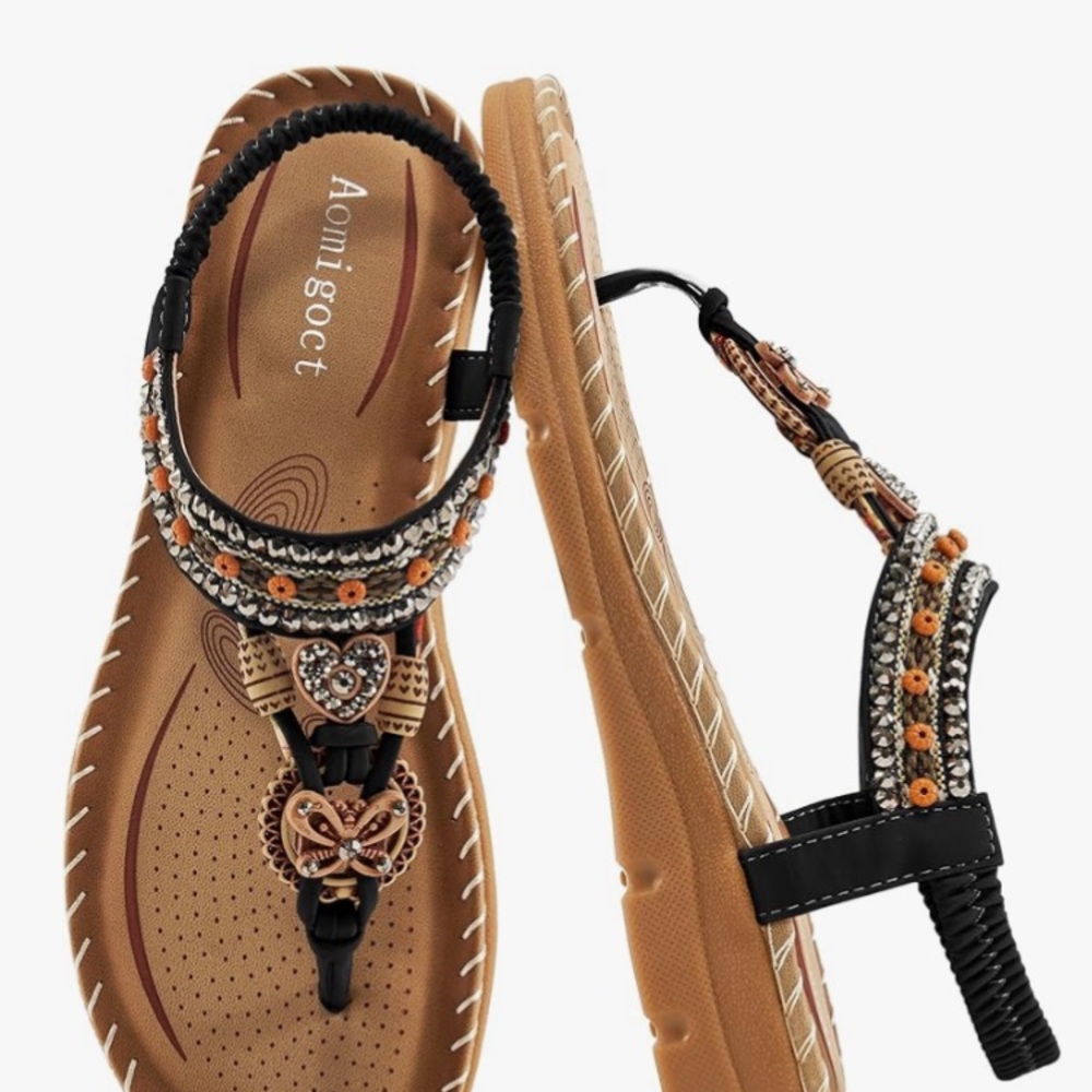 Boho Black and Brown sandals W/ Cushioned Comfort and rhinestones.